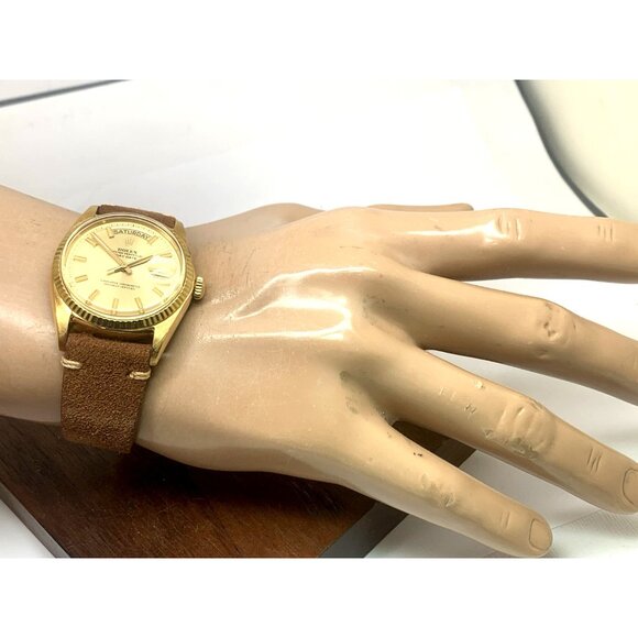 Rolex Men's Watch 1803 Vintage Swiss Automatic 18k Gold Case Brown Leather 36mm - Picture 6 of 16